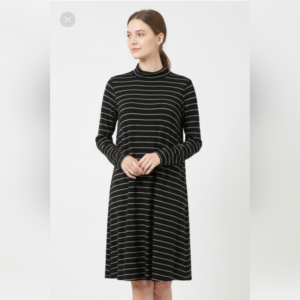 Ellos Dress Black Tan Striped Midi Turtleneck Shift Preppy Casual M